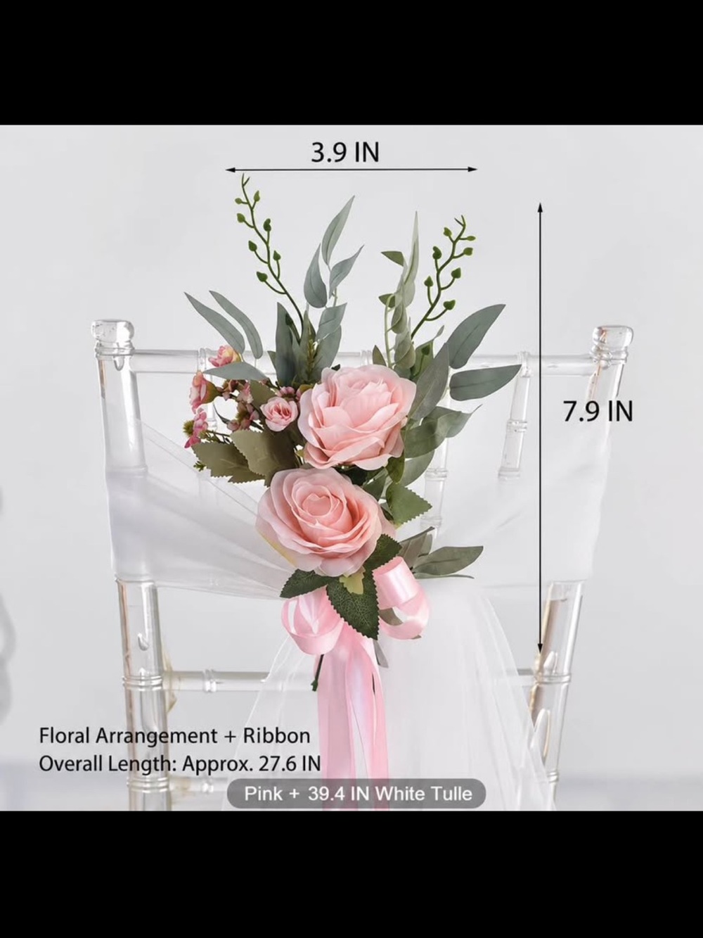 Set of 10 Pink Rose Chair Sash Floral Arrangement with Ribbon - wedding/party